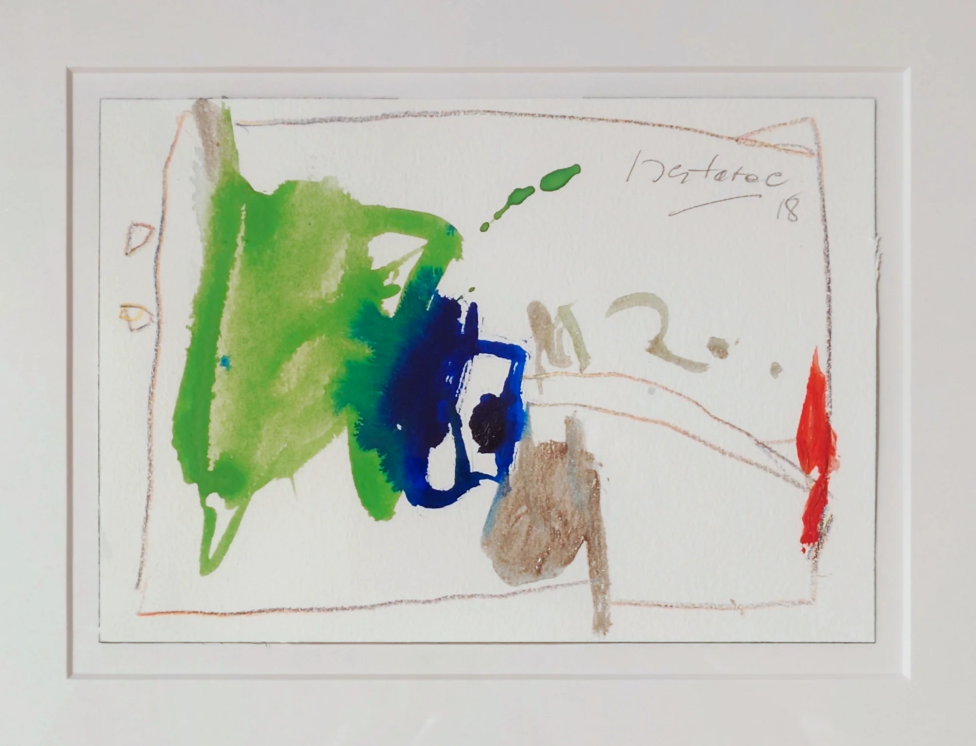 An image of a neatly framed white piece of paper with watercolor paint slobbered about. Some green blending with blue, a dash of poop-beige, and a tiny bit of red, touching an imprecisely crayon-drawn box around it all.
