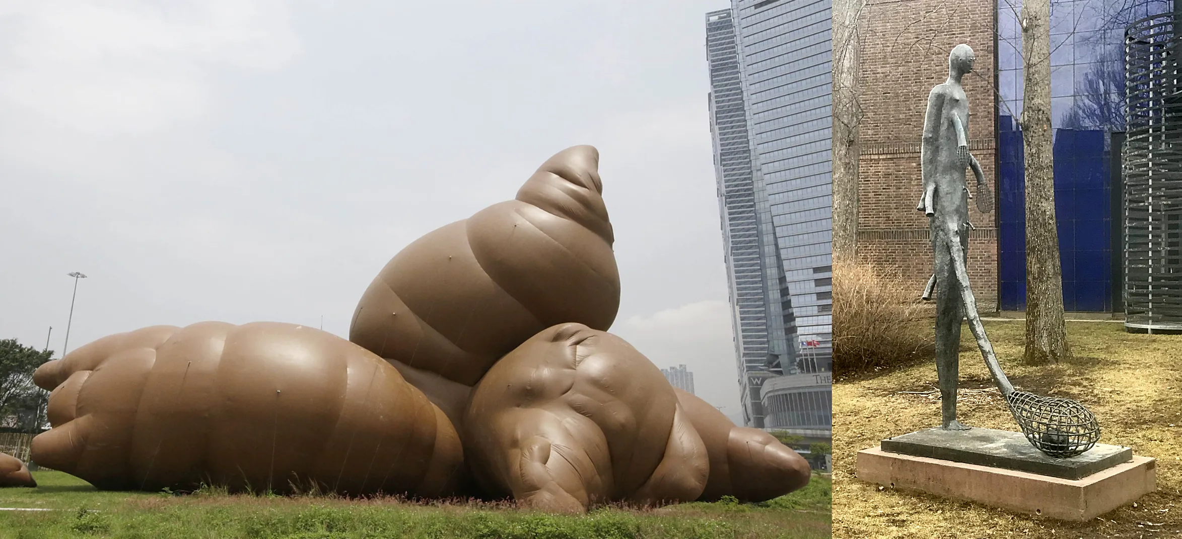 A huge sculpture of poop, and a tall creepy sculpture of a thin dark figure with long growths coming out of it, one of which reaches the ground and becomes a cage
